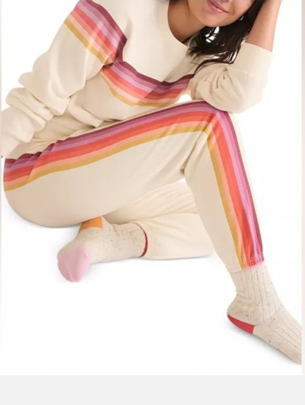 Marine Layer Cream Drawstring Sweatpants Joggers with Rainbow Stripes Fleece